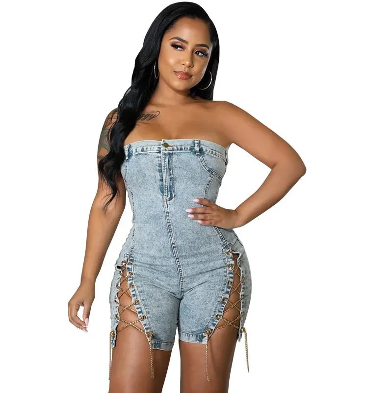 Rompers Women One Piece Elegant Splice Denim Jumpsuits Sexy Slim Fit Strapless Sleeveless Short Pants Sheath Playsuits - EverHype