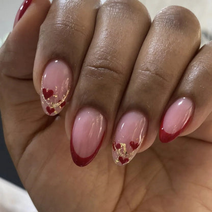 24pcs Valentine'S Day Press On Nails Set Short Almond Shaped Glossy Red Nails with Heart Glitter Pattern False Nails For Party - EverHype