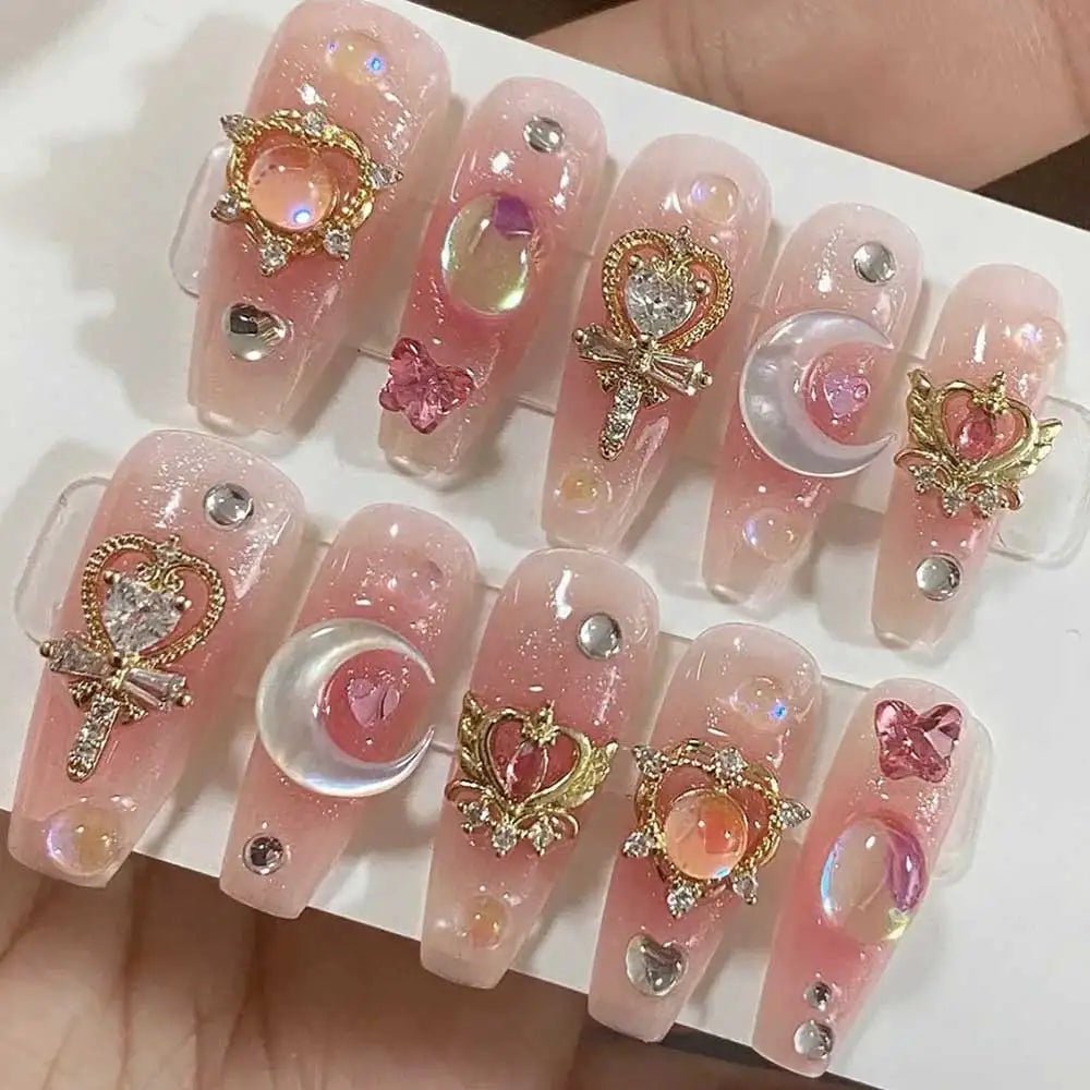 24pcs/box Luxury Pink Long Coffin Fake Nails Y2K Moon Star Rhinestones Press On Nails Handmade Full Cover Reusable False Nails - EverHype
