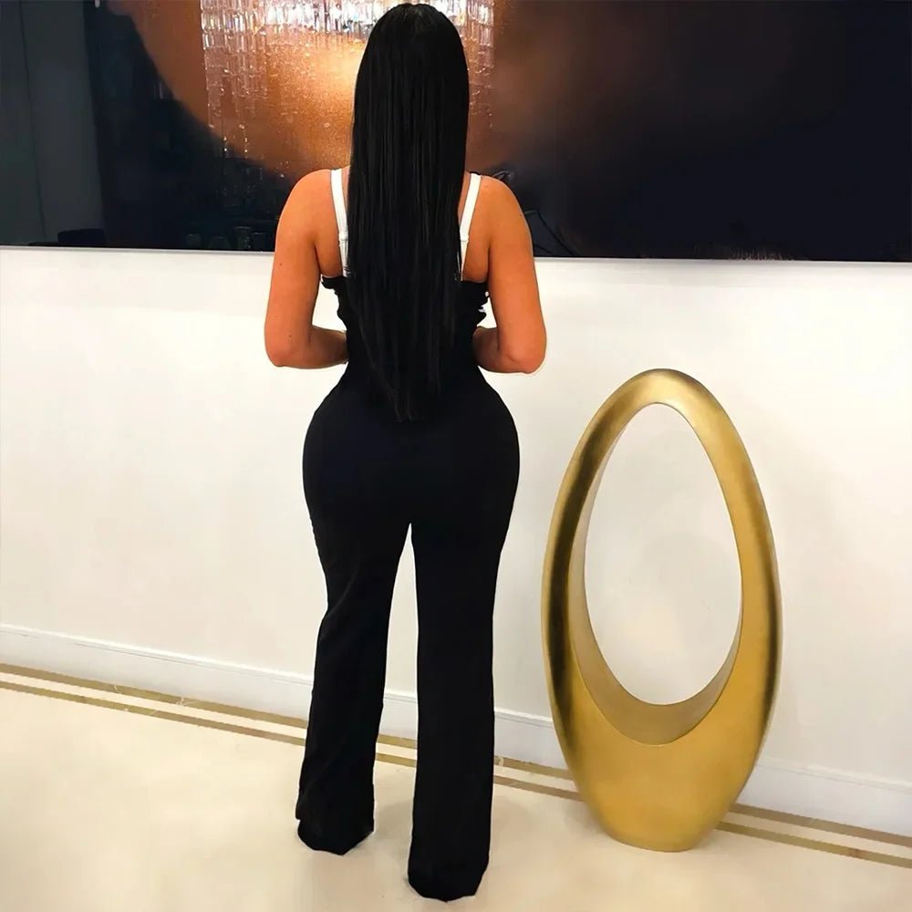 CM.YAYA Women V - Neck Backless Wide Leg Straight Sleeveless Jumpsuits 2025 Spring Patchwork Sexy One Piece Set Streetwear Outfits - EverHype
