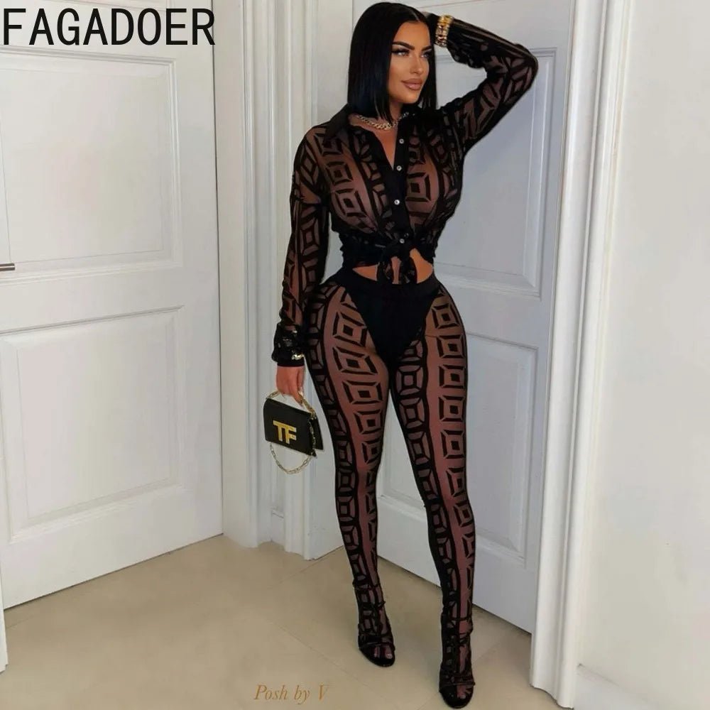 FAGADOER Sexy Mesh Women 2 Piece Set Outfit See Through Long Sleeves Crop Top + Skiny Pants Suits Female Streetwear Clothing New - EverHype