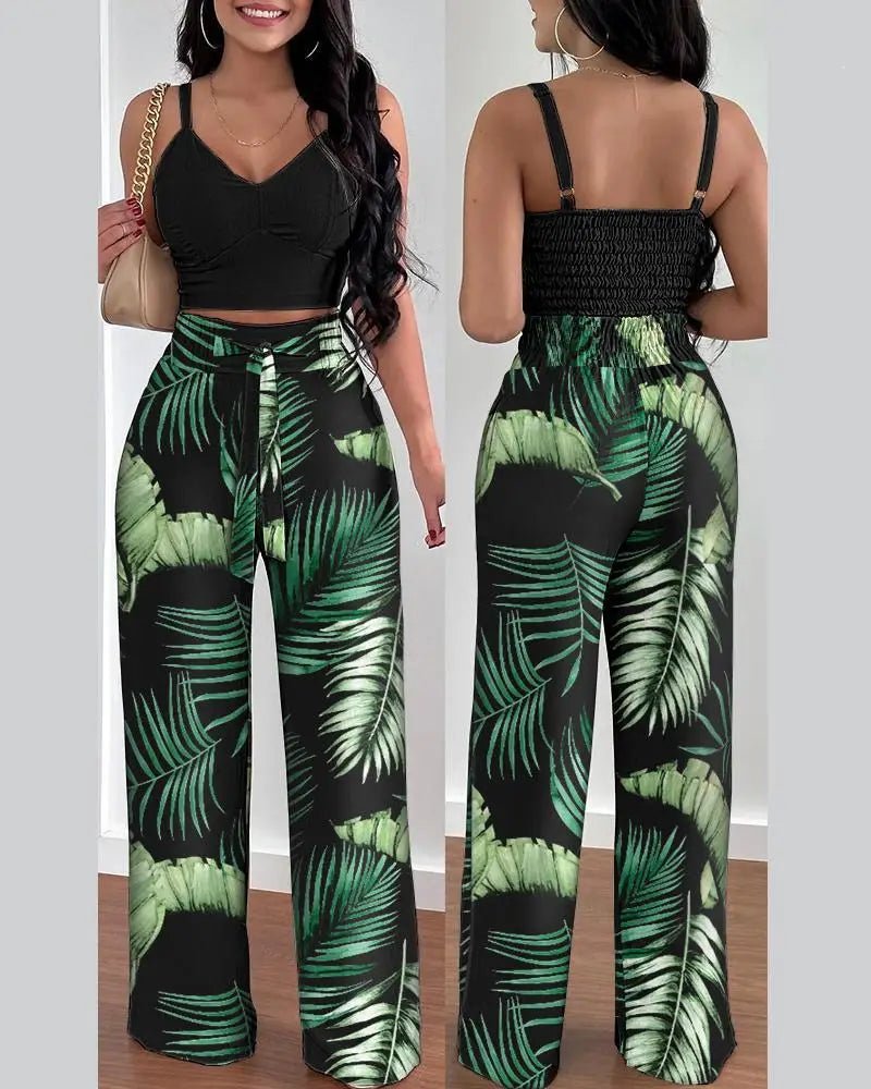 Women's 2 - Piece Pants Set - V - Neck Crop Top & Wide Leg Pants | Office Lady Suit - EverHype