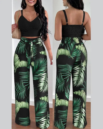 Women's 2 - Piece Pants Set - V - Neck Crop Top & Wide Leg Pants | Office Lady Suit - EverHype