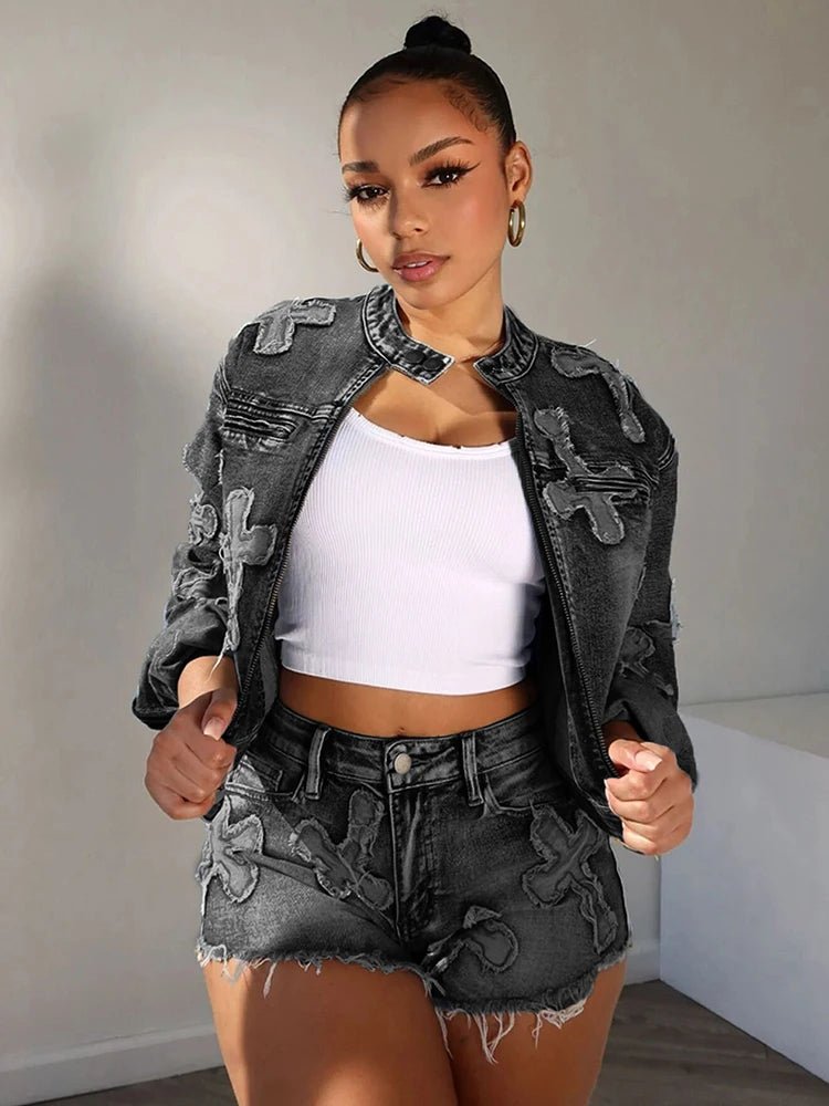 Denim 2 - Piece Set - Y2K Zip Jacket & Shorts Matching Outfit for Women - EverHype