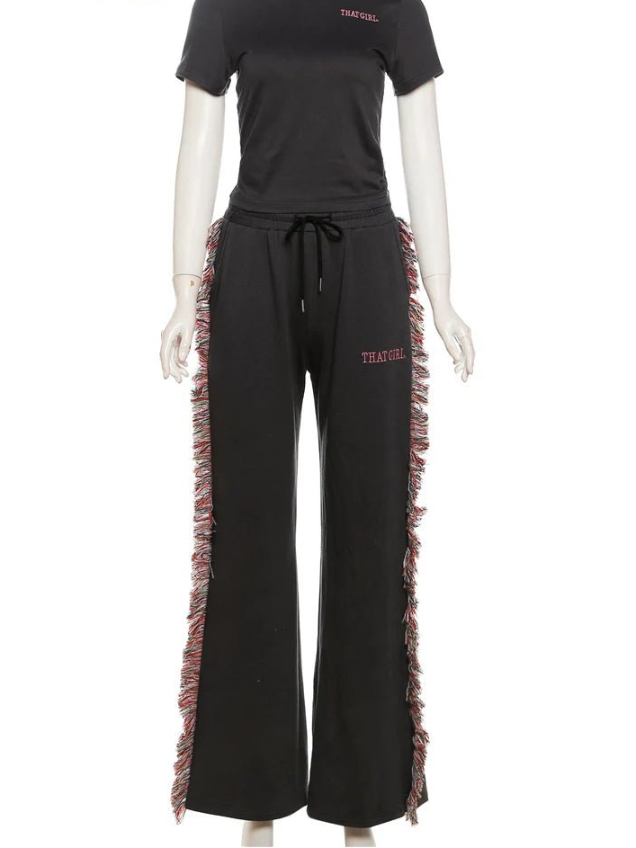 Weird Puss Casual Women 2 Piece Set Tracksuit Sporty Letter Embroidery Crop Tops+Side Tassel Straight Pants Matching Streetwear - EverHype