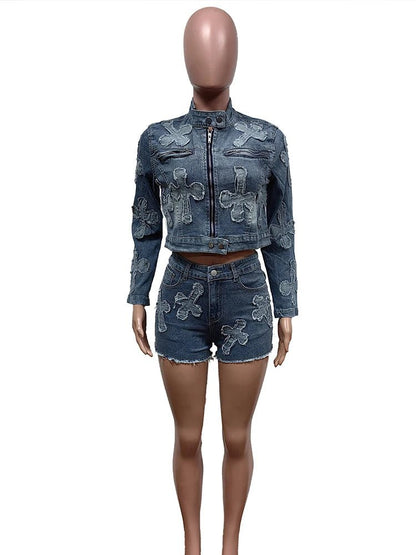 Denim 2 - Piece Set - Y2K Zip Jacket & Shorts Matching Outfit for Women - EverHype