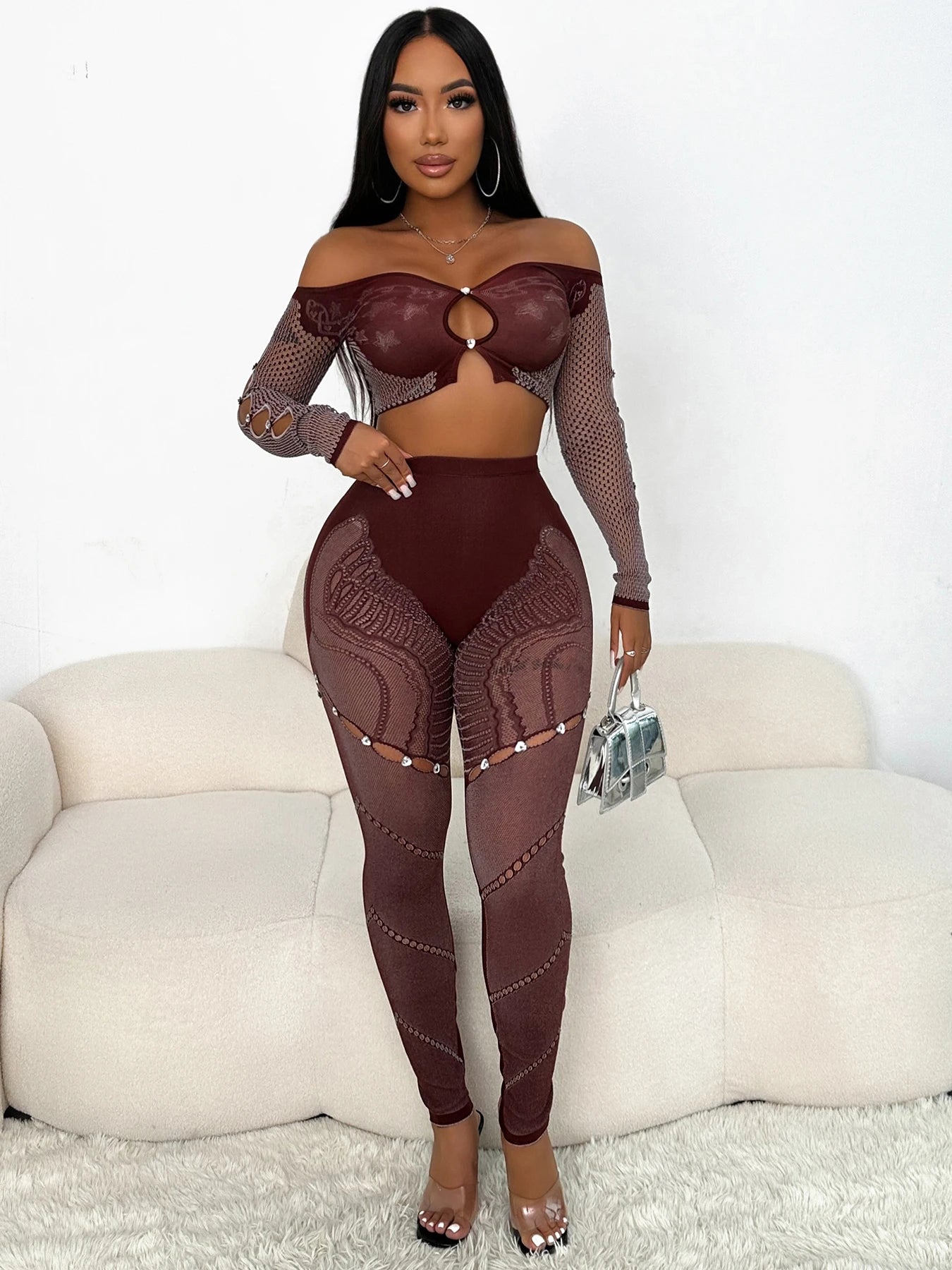 Rhinestone Hollow Slash Neck Crop Top & Patchwork Leggings Set - 2 - Piece Clubwear | EverHype 2026 - EverHype