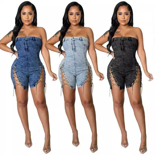 Rompers Women One Piece Elegant Splice Denim Jumpsuits Sexy Slim Fit Strapless Sleeveless Short Pants Sheath Playsuits - EverHype