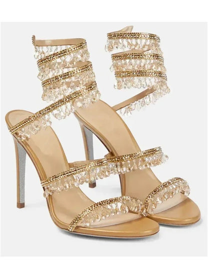 2025 Women's New Fashion Tassel Crystal Shoes Sexy Banquet Party Stiletto High Heels Women's Large Sandals Dance Shoes - EverHype