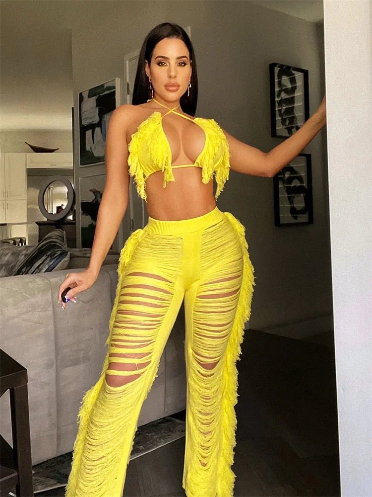 JRRY Sexy Women Knitted Set Two Pieces Set Halter Backless Bra Top Pants Crocheted 2 Pieces Set Hollow Out Crochet Beach Wear - EverHype