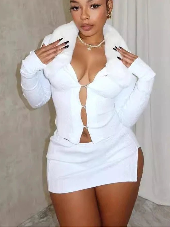 BKQU Sexy Fur Collar Hollow Crop Top Mini Skirt Women 2 Piece Set Autumn Elegant Knitted Bodycon Nightclub Dress Outfits 2024 - EverHype