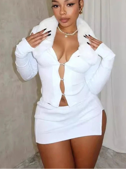 BKQU Sexy Fur Collar Hollow Crop Top Mini Skirt Women 2 Piece Set Autumn Elegant Knitted Bodycon Nightclub Dress Outfits 2024 - EverHype