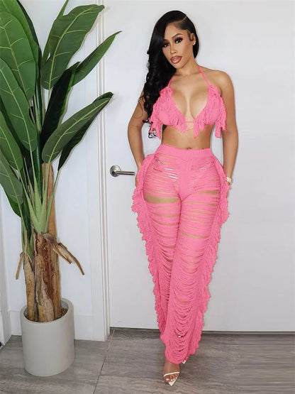 JRRY Sexy Women Knitted Set Two Pieces Set Halter Backless Bra Top Pants Crocheted 2 Pieces Set Hollow Out Crochet Beach Wear - EverHype