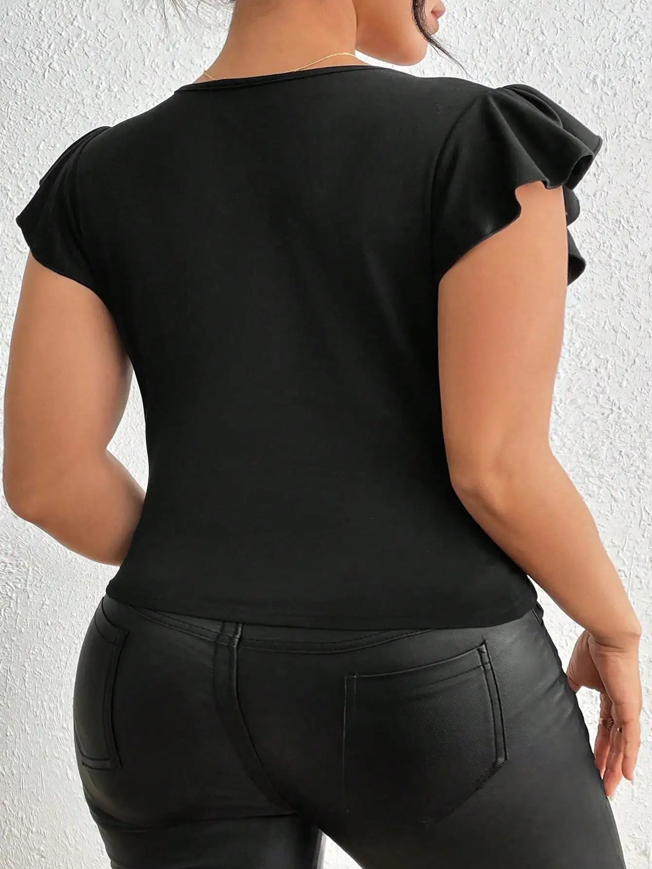 Women Plus Size V - Neck High - Stretch Solid Color Patchwork Ruffle Sleeve T-shirt, Concert Outfit Rave Outfits Festival - EverHype