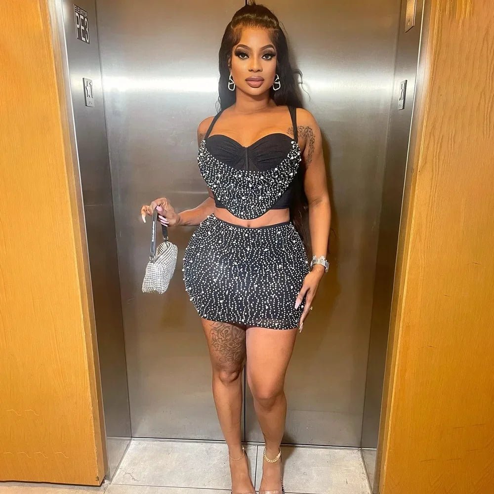 Diamond Rhinestone Midi Skirt & Strap Crop Top Set - 2 - Piece Sexy Party Outfit | EverHype 2026 - EverHype