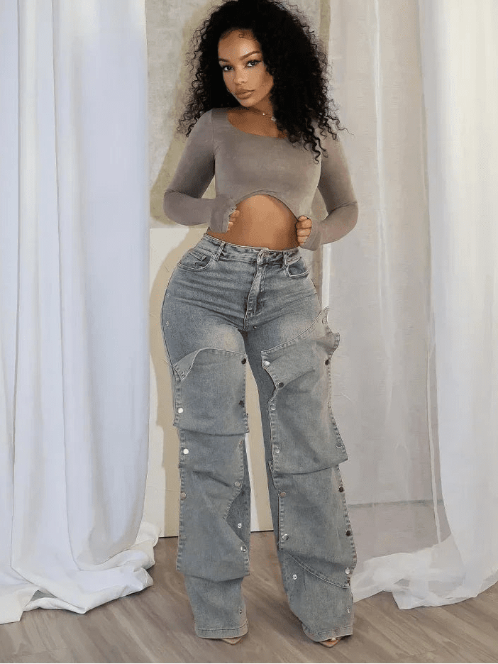 Button Cutout Cargo Wide Leg Jeans - Streetwear Denim Pants | EverHype 2026 - EverHype