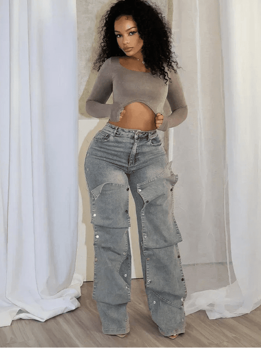 Button Cutout Cargo Wide Leg Jeans - Streetwear Denim Pants | EverHype 2026 - EverHype