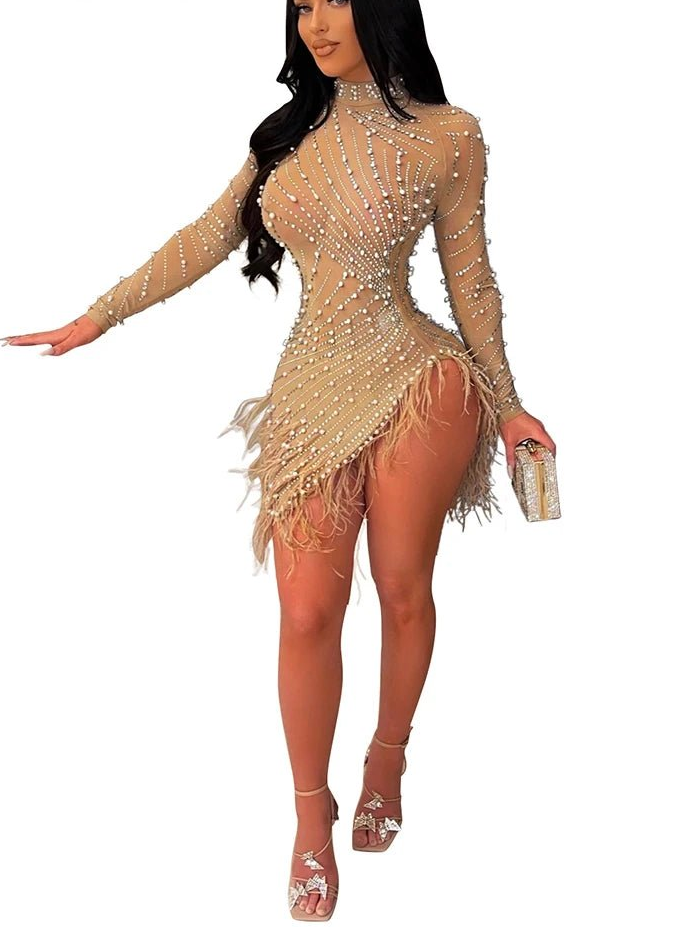 Luxury Feather Rhinestone Dress - Sheer Mesh Short Party Dress | Birthday & Evening - EverHype