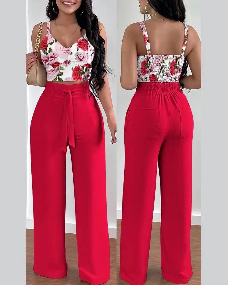 Women's 2 - Piece Pants Set - V - Neck Crop Top & Wide Leg Pants | Office Lady Suit - EverHype