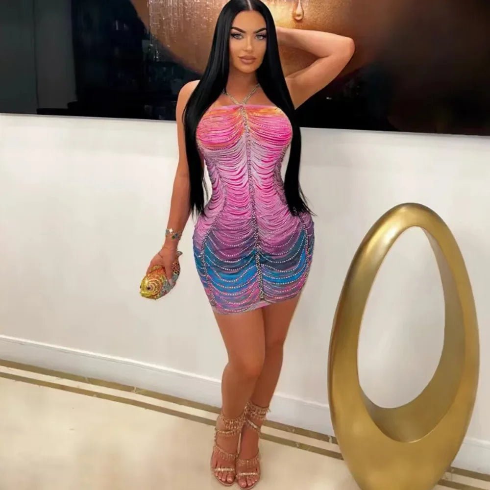 Rainbow Crystal Tassel Dress - Halter Neck Bodycon Midi | Evening Party Dress - EverHype