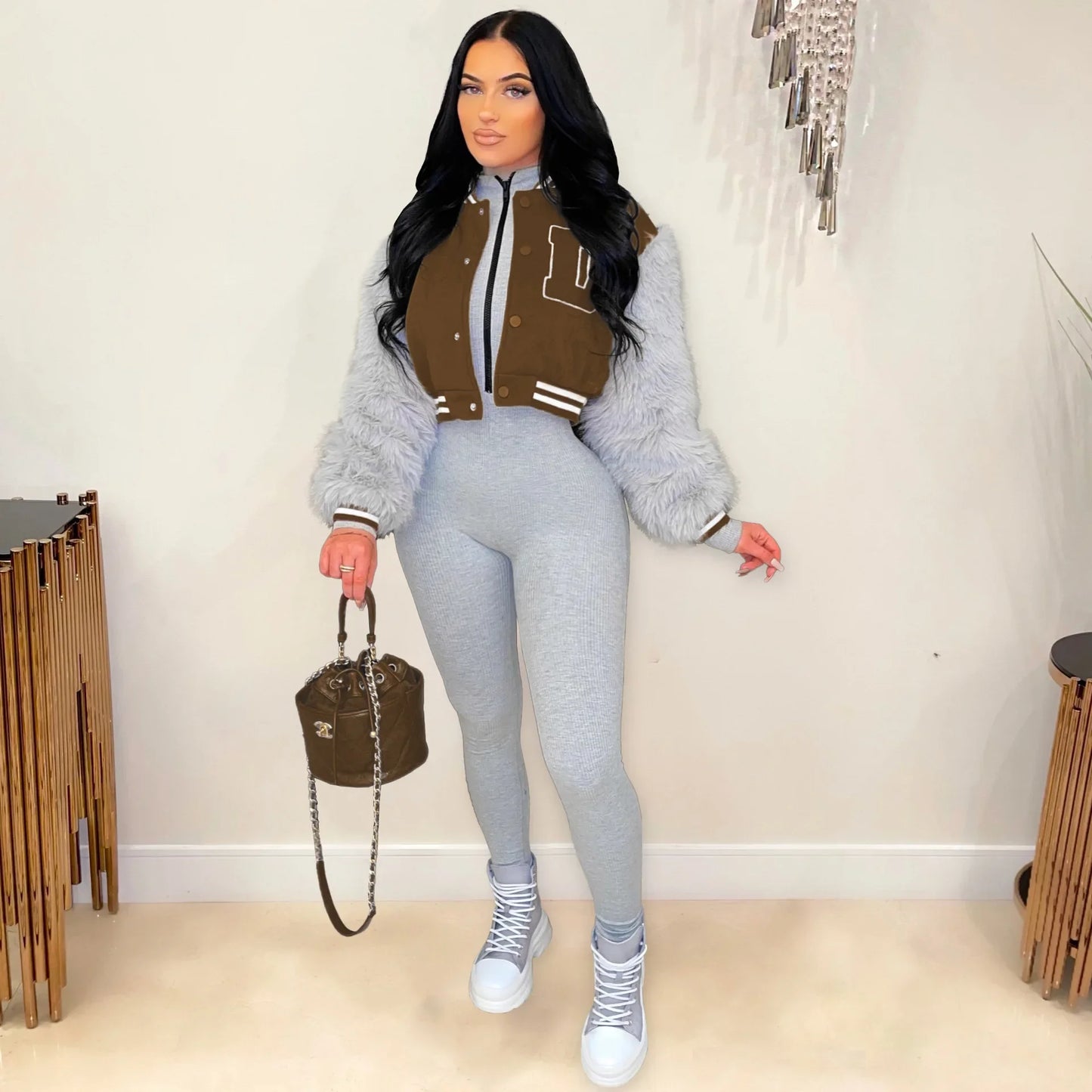 Women's Fur Sleeve Varsity Jacket - D Letter Cropped Baseball Jacket | Streetwear - EverHype