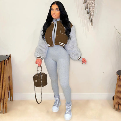 Women's Fur Sleeve Varsity Jacket - D Letter Cropped Baseball Jacket | Streetwear - EverHype