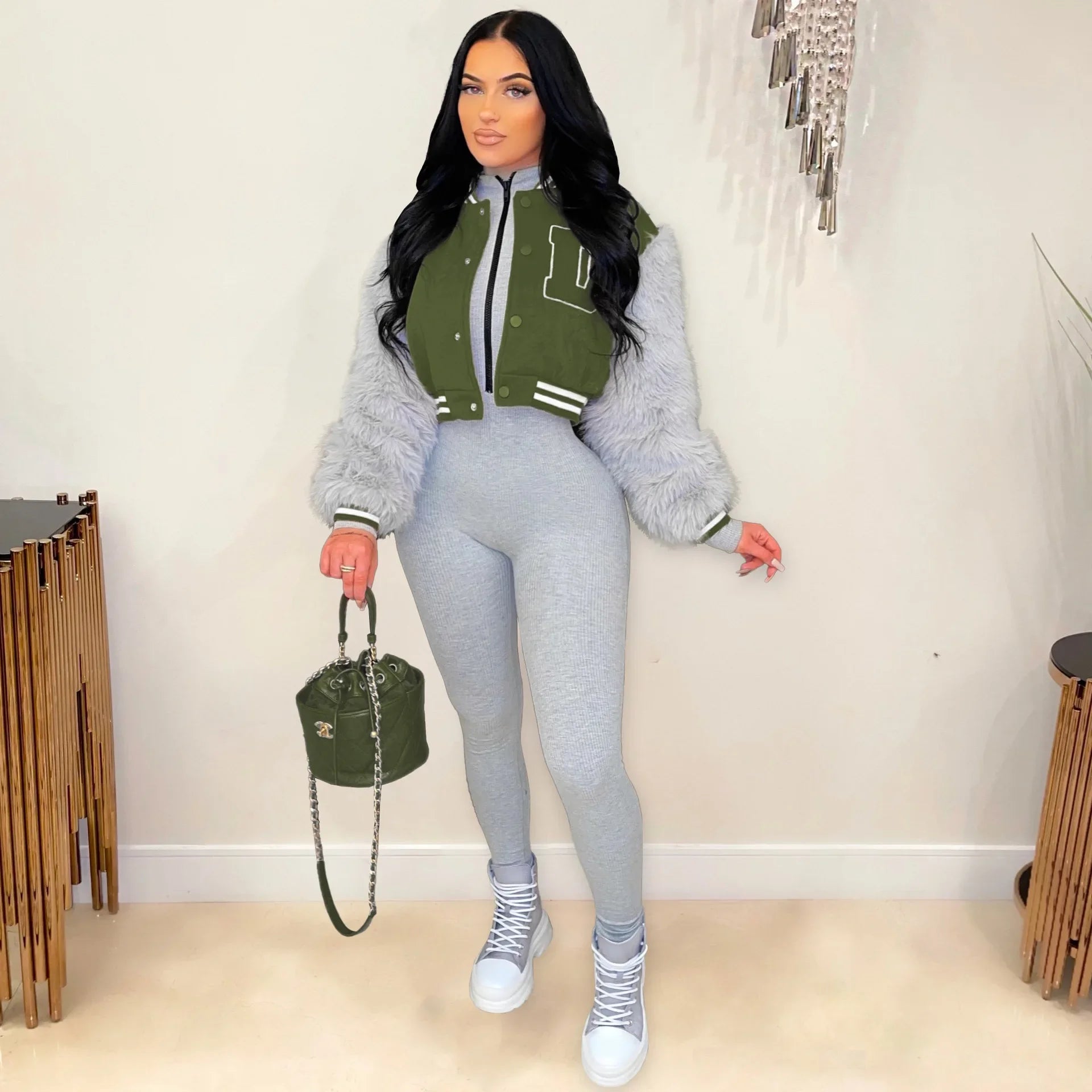Women's Fur Sleeve Varsity Jacket - D Letter Cropped Baseball Jacket | Streetwear - EverHype