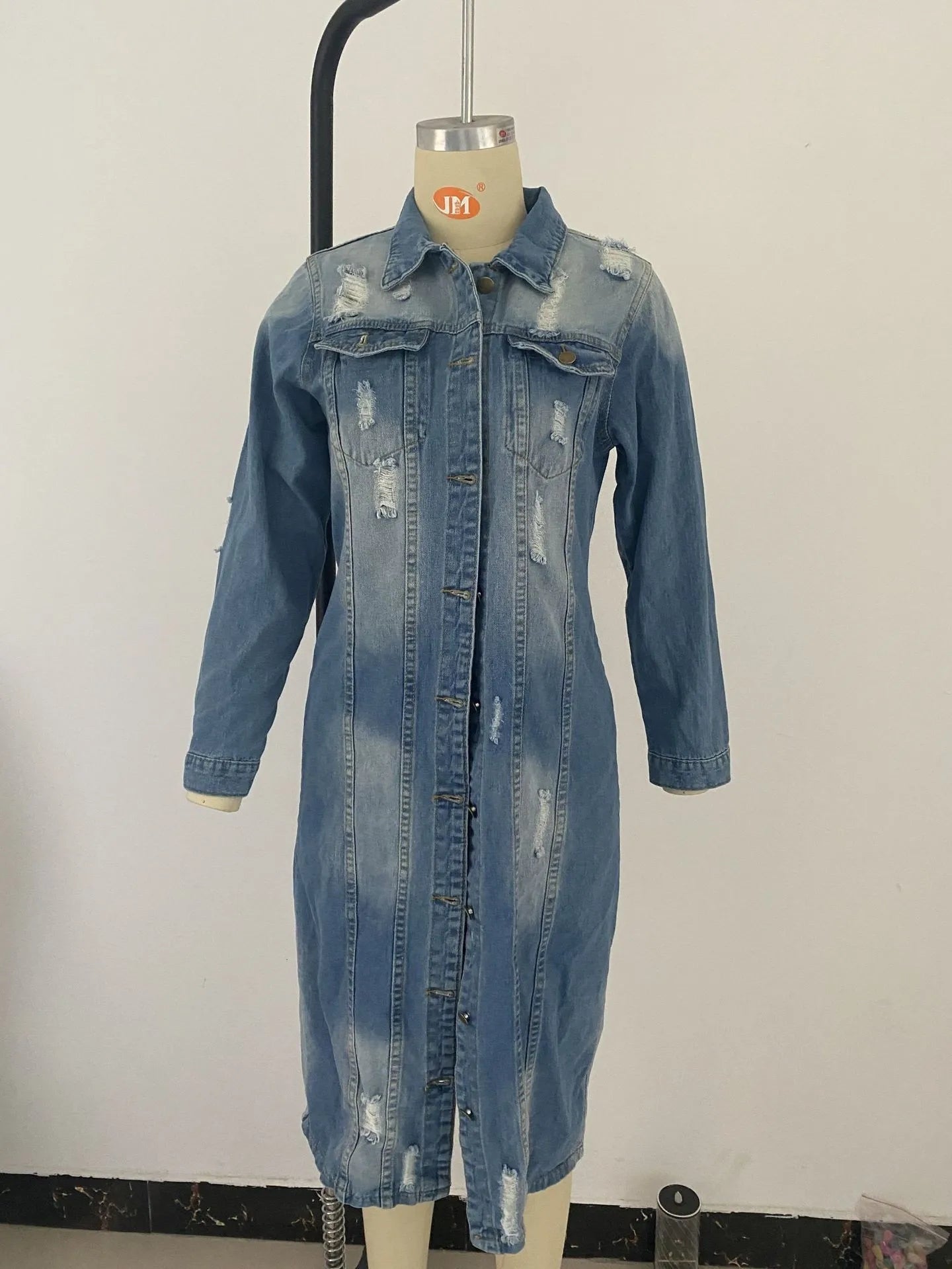Ripped Raw Hem Button Front Longline Denim Coat Women Cardigan Breasted Holes Jackets Pockets High Street Outerwear Autumn - EverHype