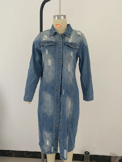 Ripped Raw Hem Button Front Longline Denim Coat Women Cardigan Breasted Holes Jackets Pockets High Street Outerwear Autumn - EverHype