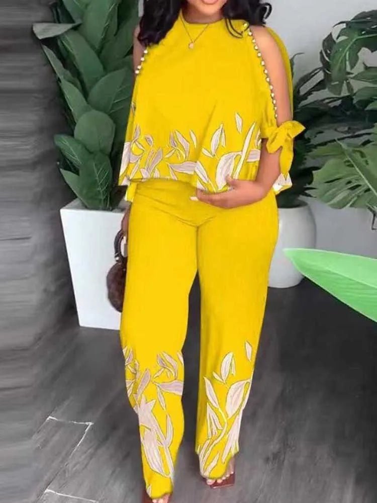 Female Clothing Summer Women Outfit Pearl Off The Shoulder Blouse and Trouser Elegant 2 - piece Sets Plus Size Pant Sets - EverHype