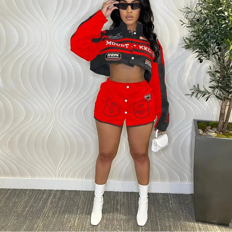 HLJ Letter Print Two Piece Outfits 2023 Autumn Winter Casual Sporty Baseball Coat Skirts Suits Detachable Buttons Y2k Streetwear - EverHype