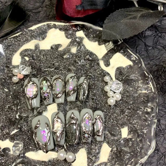 Fake Nails y2k Rainbow Discoloration Effect Handmade Tips Shine Chameleon Flakes Hologram Mirror Manicure Gothic Press on Nails - EverHype