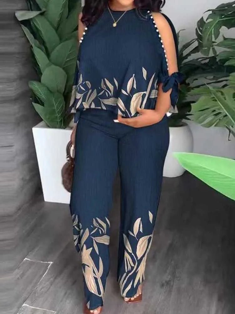 Female Clothing Summer Women Outfit Pearl Off The Shoulder Blouse and Trouser Elegant 2 - piece Sets Plus Size Pant Sets - EverHype