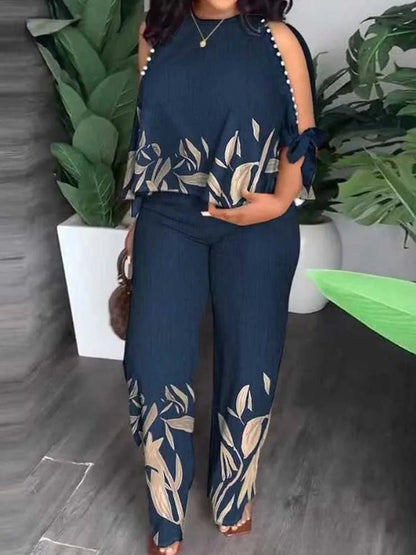 Female Clothing Summer Women Outfit Pearl Off The Shoulder Blouse and Trouser Elegant 2 - piece Sets Plus Size Pant Sets - EverHype