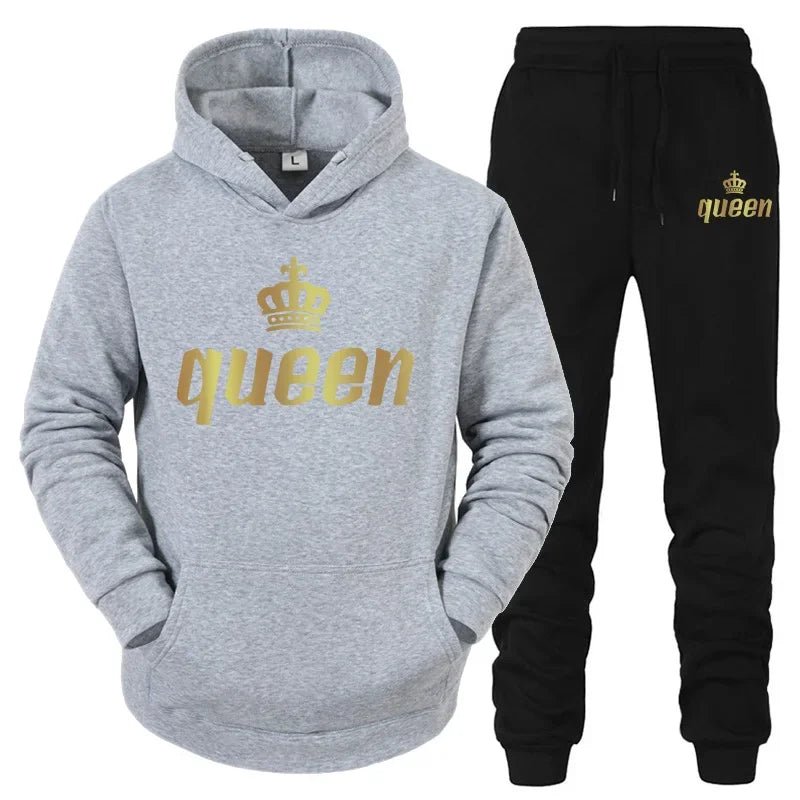 👑 King & Queen Couple Sweatsuit Bundle - 4 Piece Set | His & Hers Matching Hoodie & Jogger Pants - EverHype