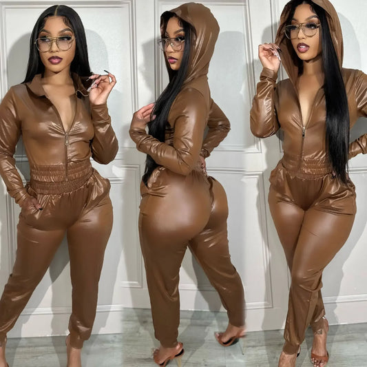 Faux Leather 2 - Piece Sweatsuit - Women's Hooded Jacket & Pants Set | Streetwear Outfit - EverHype