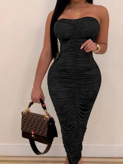 Ruched Bodycon Dress - Strapless Sleeveless Club Dress for Women - EverHype
