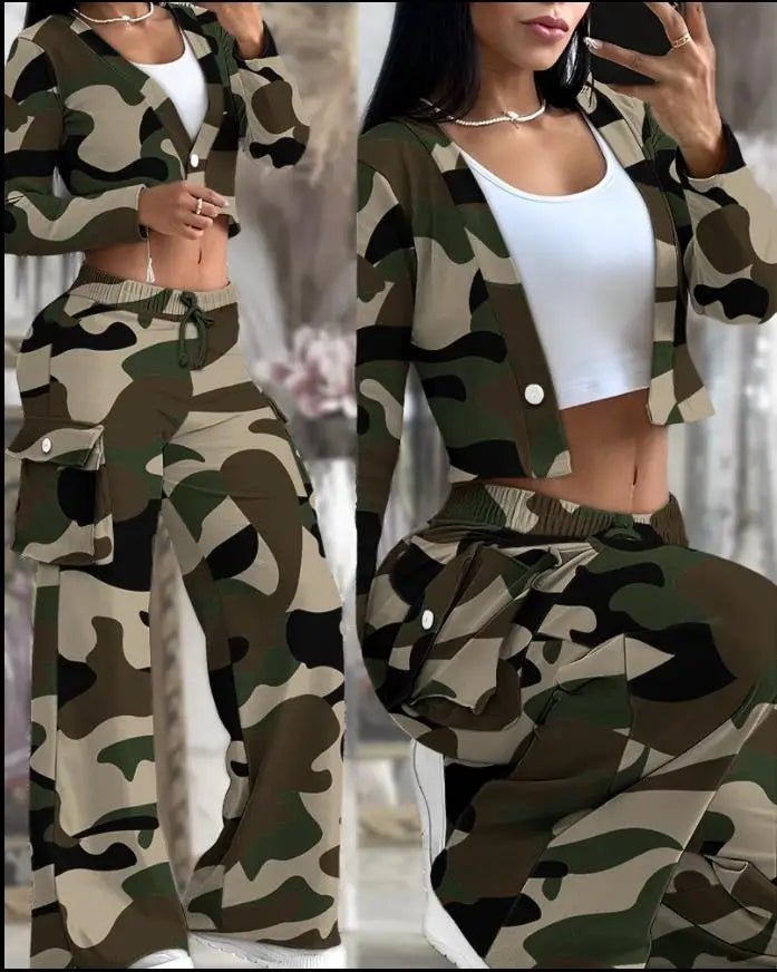 Women's 2 - Piece Cargo Set - Cardigan Top & Cargo Pants Outfit | Spring & Autumn - EverHype