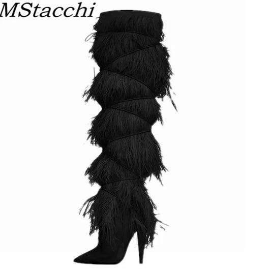Feather Women's High Boots Suede Cross - tied Pointed Toe Party High Heel Shoes Sexy Ostrich Feather Women's Over The Knee Boots - EverHype
