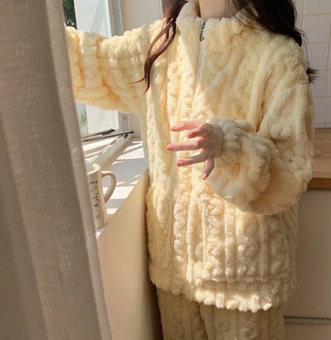 Women's Fuzzy Teddy 2 - Piece Set - Zip - Up Top & Pants Outfit | Autumn Loungewear - EverHype