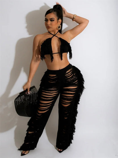 JRRY Sexy Women Knitted Set Two Pieces Set Halter Backless Bra Top Pants Crocheted 2 Pieces Set Hollow Out Crochet Beach Wear - EverHype