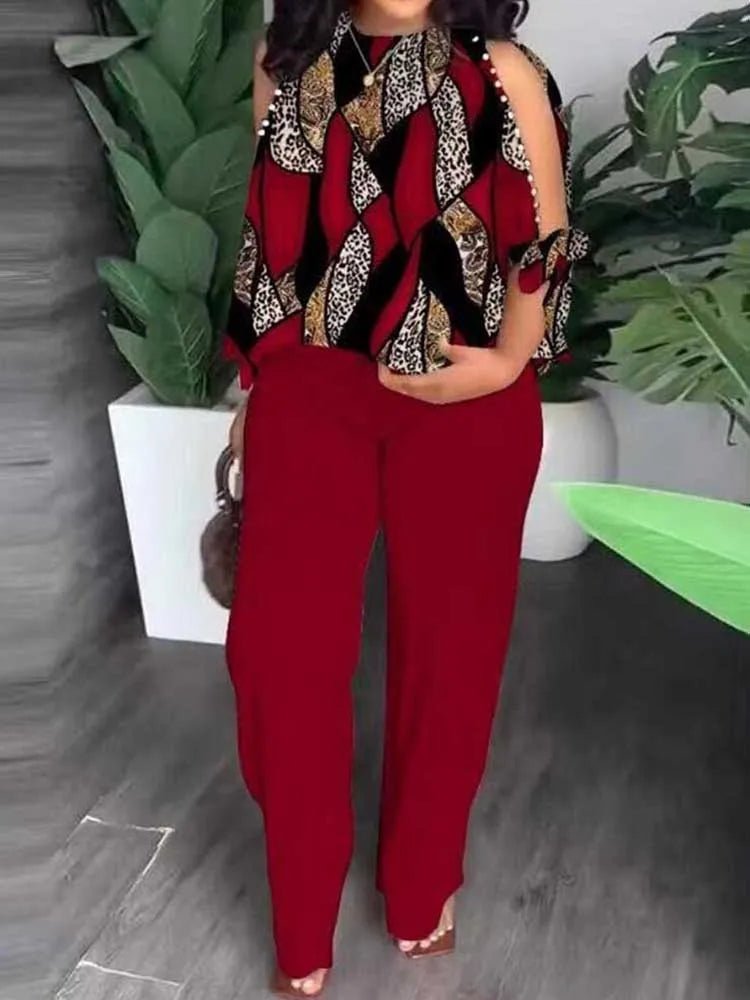 Female Clothing Summer Women Outfit Pearl Off The Shoulder Blouse and Trouser Elegant 2 - piece Sets Plus Size Pant Sets - EverHype