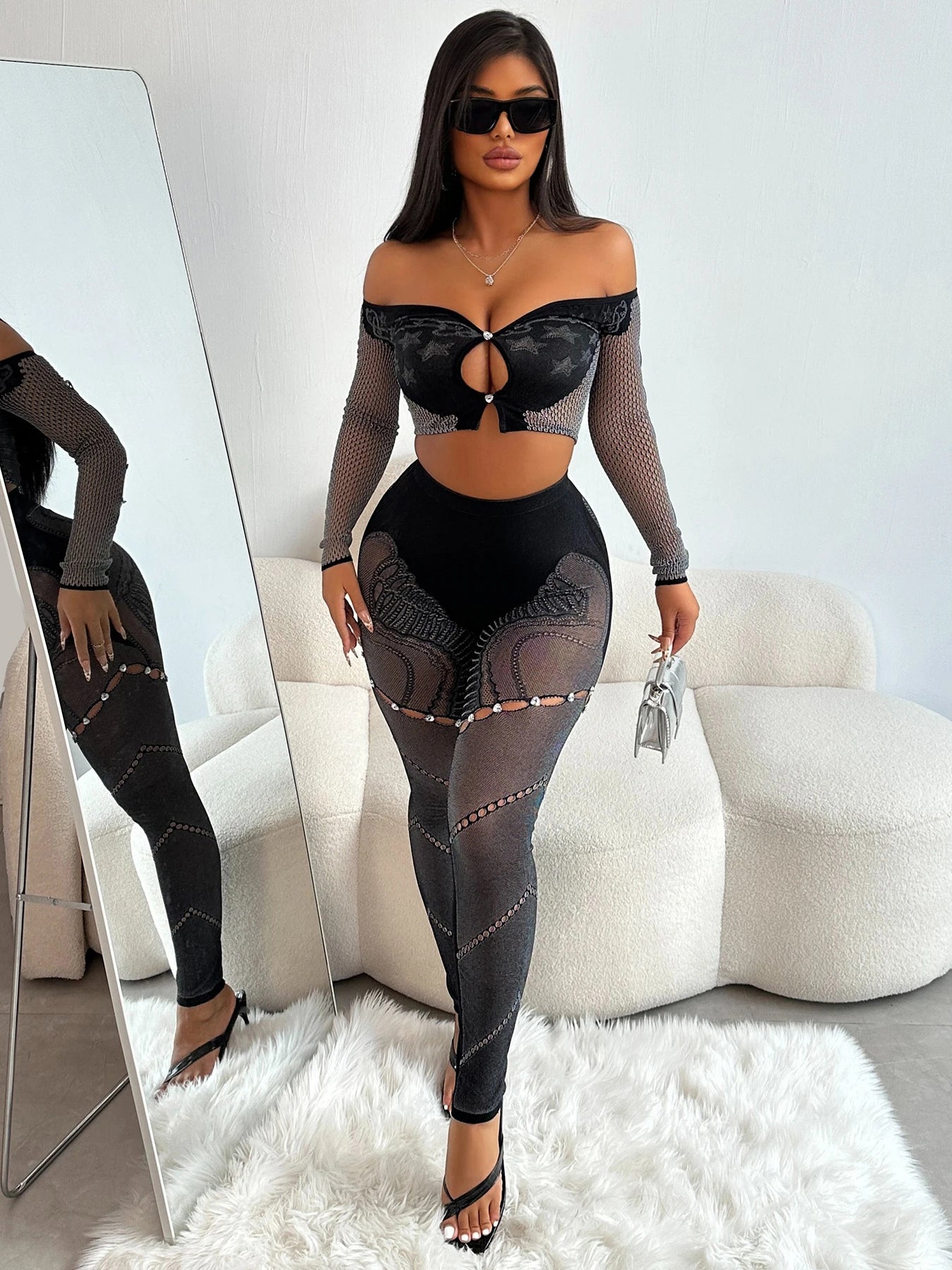 Rhinestone Hollow Slash Neck Crop Top & Patchwork Leggings Set - 2 - Piece Clubwear | EverHype 2026 - EverHype