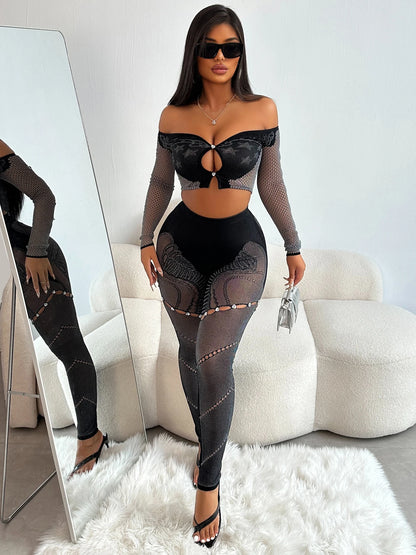 Rhinestone Hollow Slash Neck Crop Top & Patchwork Leggings Set - 2 - Piece Clubwear | EverHype 2026 - EverHype