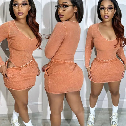 2024 Casual 2 Two Piece Dress Sets Long Sleeve Top Mini Skirts Matching Party Fashion Streetwear Rose Red Design Dress Suits - EverHype