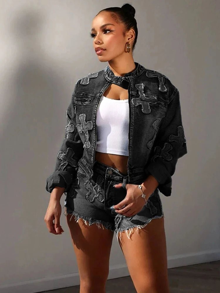 Denim 2 - Piece Set - Y2K Zip Jacket & Shorts Matching Outfit for Women - EverHype