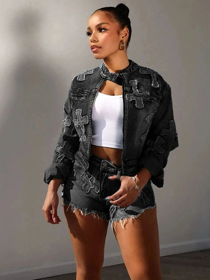 Denim 2 - Piece Set - Y2K Zip Jacket & Shorts Matching Outfit for Women - EverHype