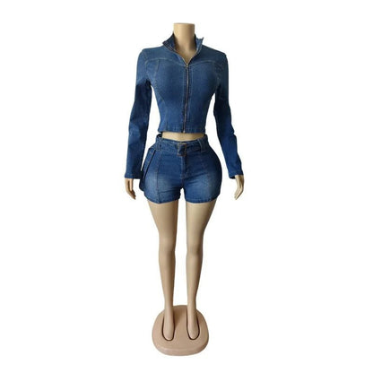 Sexy Denim Womens 2 Two Piece Set Stretchy Long Sleeve Zip Up Slim Jackets and Shorts Suits Y2k Streetwear Belt Jean Outfit Sets - EverHype