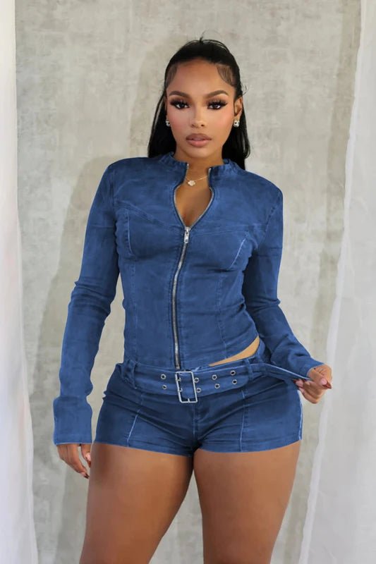Sexy Denim Womens 2 Two Piece Set Stretchy Long Sleeve Zip Up Slim Jackets and Shorts Suits Y2k Streetwear Belt Jean Outfit Sets - EverHype