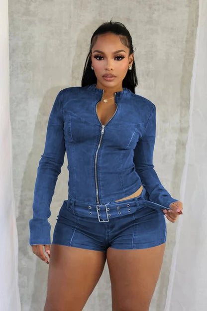 Sexy Denim Womens 2 Two Piece Set Stretchy Long Sleeve Zip Up Slim Jackets and Shorts Suits Y2k Streetwear Belt Jean Outfit Sets - EverHype